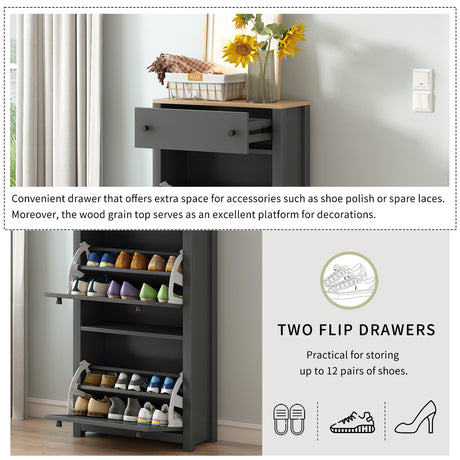 ONTREND functional with 2 flipped drawers, top shoe cabinet with adjustable panel, independent shoe rack, gray - V.I.P Digital Presence
