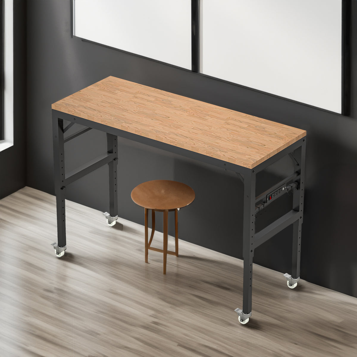 60 inch adjustable garage workbench, rubber wood heavy-duty workstation with power socket and wheels, 2000 pound load capacity - V.I.P Digital Presence