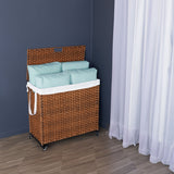 Laundry Hamper With Lid PE Rattan Powder Coating Frame Clothes Hampers with 02 Removable Bags, Wheels, 160L, Brown Color - V.I.P Digital Presence