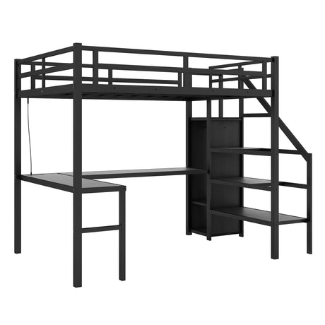 Twin XL loft bed with L-shaped desk and USB, metal loft bed with wardrobe and adjustable shelf, LED loft bed, black - V.I.P Digital Presence