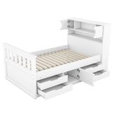 Twin Size Captain Platform Bed Frame with Storage Bookcases and Shelves,Four Drawers,White - V.I.P Digital Presence