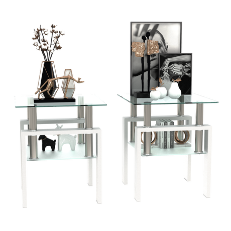 Set of 2, Modern Tempered Glass Tea Table Coffee Table End Table, Square Table for Living Room, Transparent/White - V.I.P Digital Presence