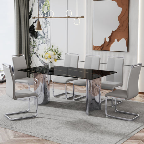 Modern minimalist dining table The black imitation marble glass desktop is equipped with silver metal legs - V.I.P Digital Presence
