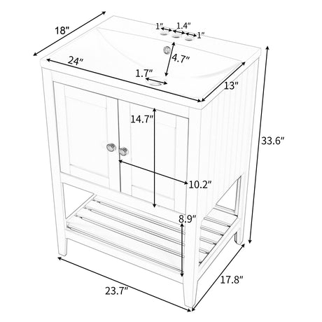 24" White Modern Sleek Bathroom Vanity Elegant Ceramic Sink with Solid Wood Frame Open Style Shelf - V.I.P Digital Presence