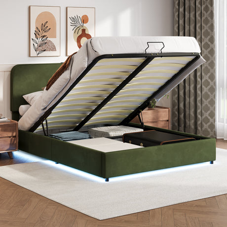 Large hydraulic storage bed with soft cushion lifting storage bed with RGB LED lights, Bluetooth speaker lychee velvet, green - V.I.P Digital Presence