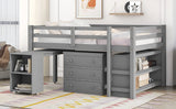 Low Study Full Loft Bed with Cabinet Shelves and Rolling Portable Desk Multiple Functions Bed- Gray