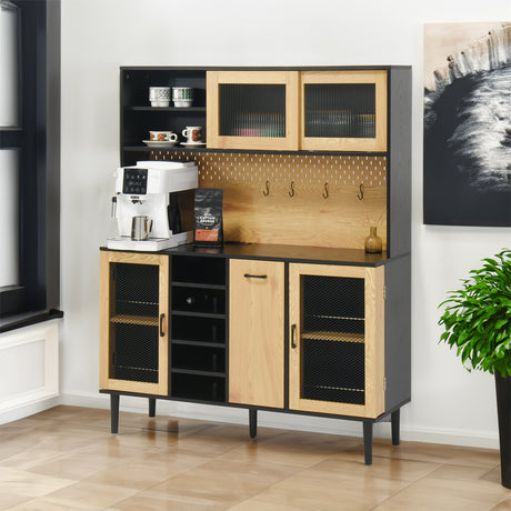 59 "H buffet side cabinet with storage door and power outlet, coffee bar cabinet with wine rack, black and natural colors - V.I.P Digital Presence