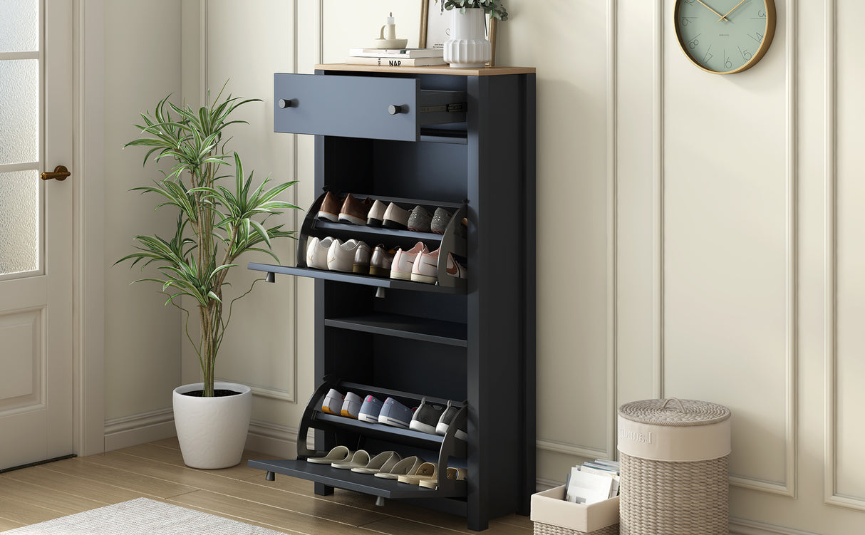 ONTREND with 2 flip drawers, top shoe cabinet with drawers, independent shoe rack with adjustable panel, for hallway use, black - V.I.P Digital Presence
