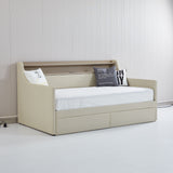 Twin Size Daybed with Storage Drawers, Upholstered Daybed with Charging Station and LED Lights, Beige - V.I.P Digital Presence