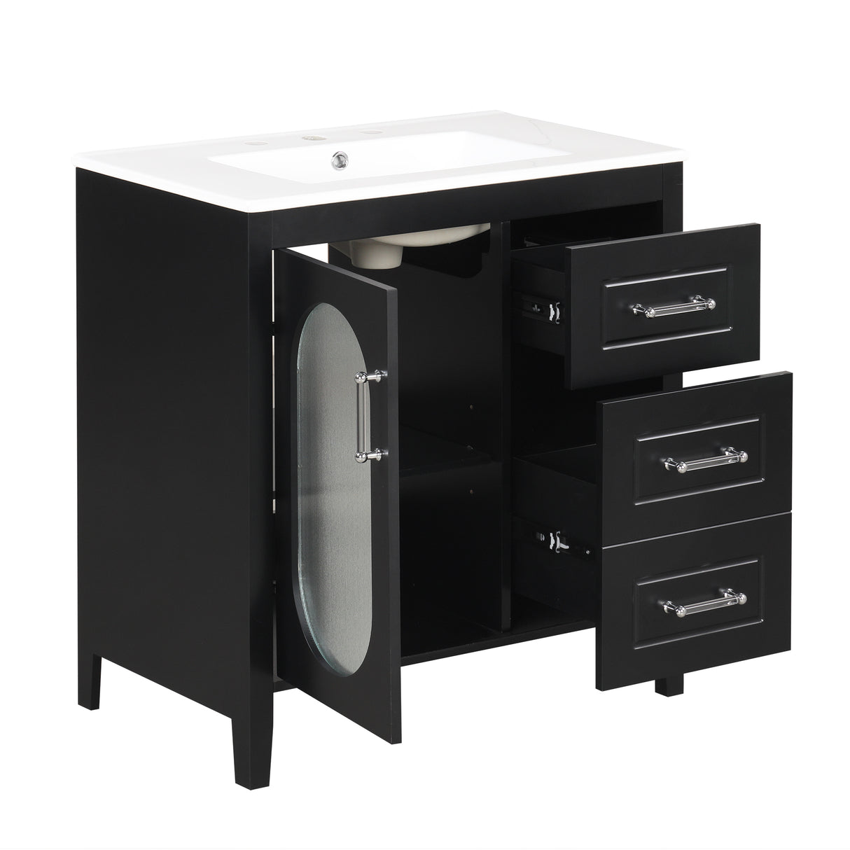 30" Bathroom Vanity with Sink, Bathroom Vanity Cabinet with Two Drawers and Door, Adjustable Shelf, Solid Wood and MDF, Black - V.I.P Digital Presence