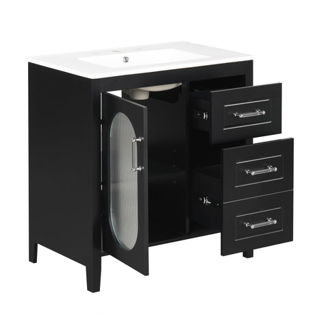 30" Bathroom Vanity with Sink, Bathroom Vanity Cabinet with Two Drawers and Door, Adjustable Shelf, Solid Wood and MDF, Black - V.I.P Digital Presence