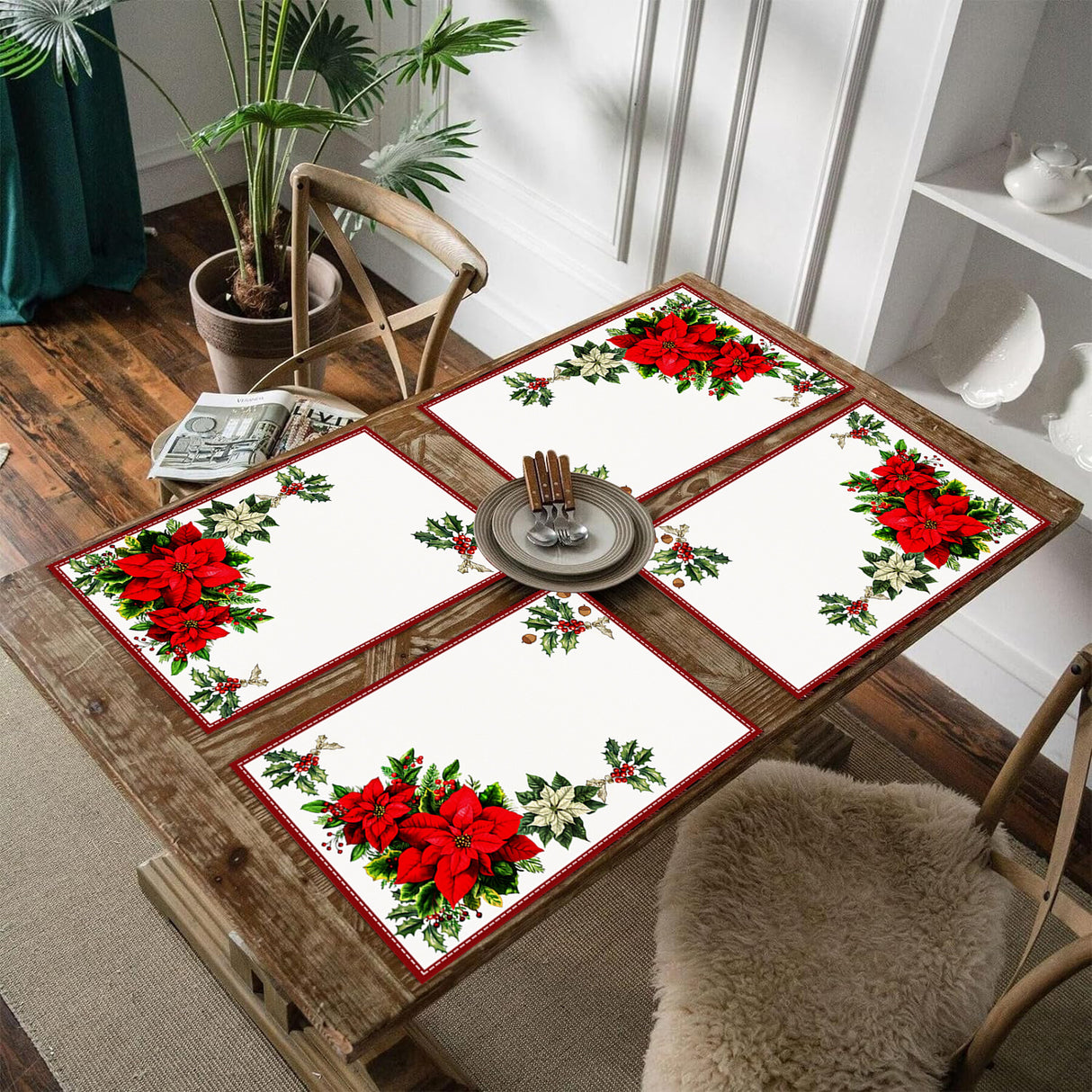 Christmas Red Flower Meal Mat Flower Pinecone Printed Table Mat Holiday Table Insulation Mat - V.I.P Digital Presence