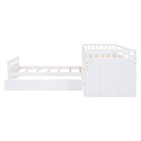 L-shaped Space-Saving Twin Loft and Twin Platform Bed with 7 Drawers and Full Guardrails(WHITE) - V.I.P Digital Presence