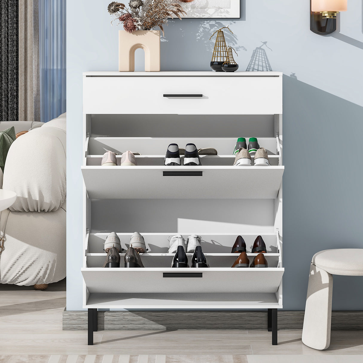 Independent shoe rack storage box with drawers and metal legs, modern shoe cabinet with 2 flippable drawers - V.I.P Digital Presence