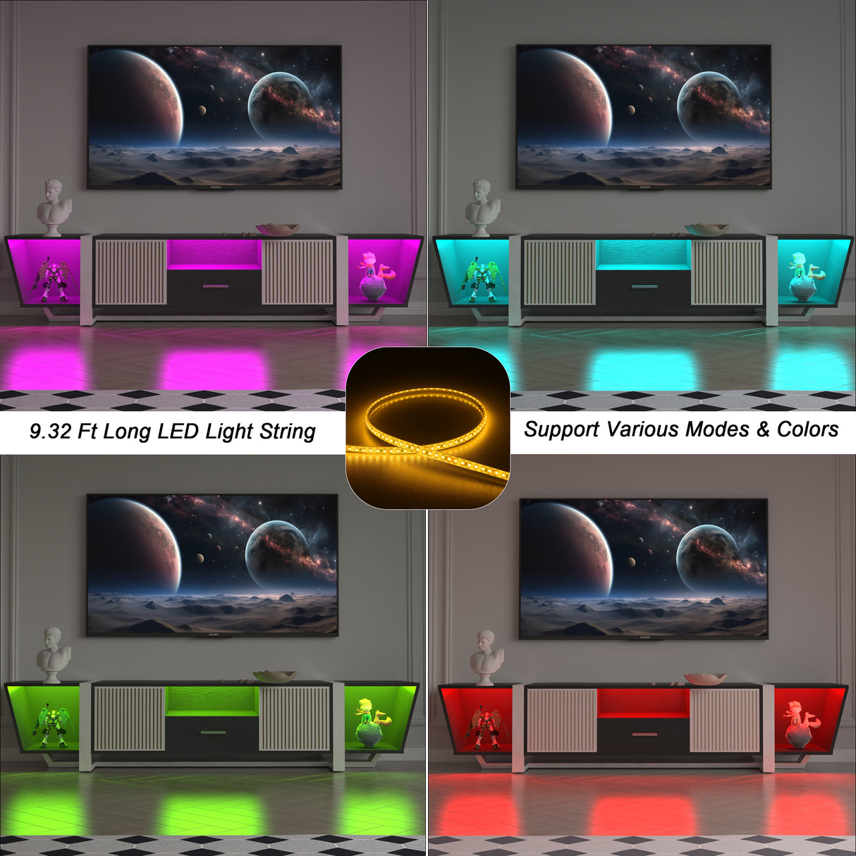 TV console with storage cabinet, dual flat LED TV stand with remote control, multi-mode light with power cord, black - V.I.P Digital Presence