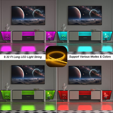 TV console with storage cabinet, dual flat LED TV stand with remote control, multi-mode light with power cord, black - V.I.P Digital Presence