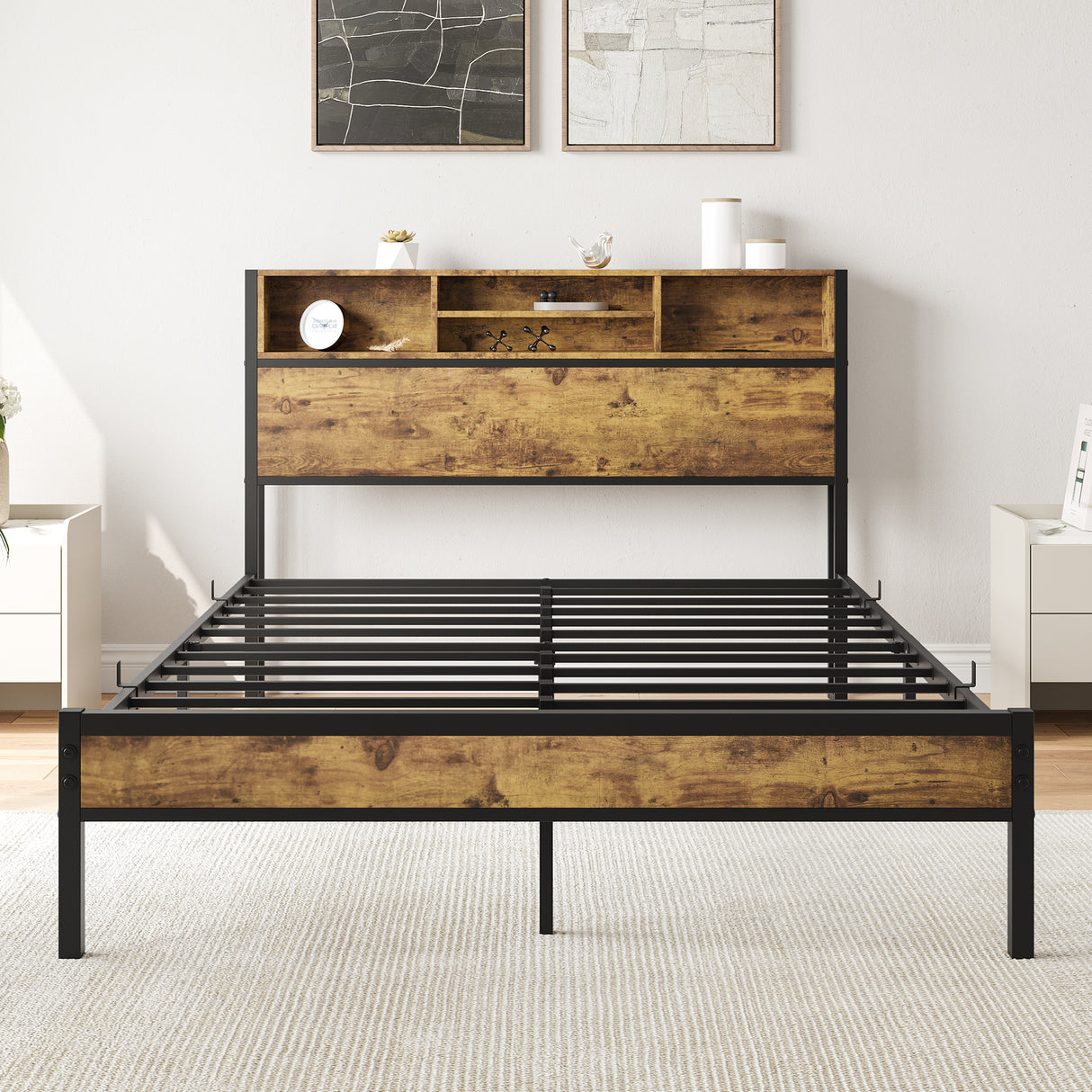 Full Size Bed Frame with Storage Headboard Metal Platform Bed with Charging Station Black - V.I.P Digital Presence