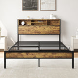 Full Size Bed Frame with Storage Headboard Metal Platform Bed with Charging Station Black - V.I.P Digital Presence