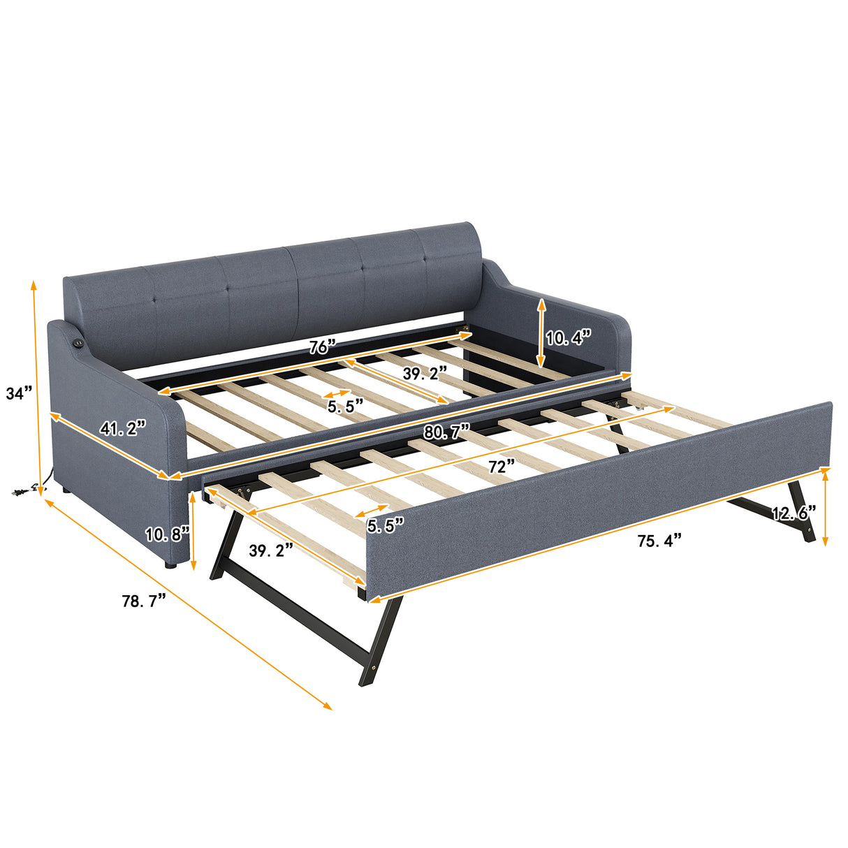 Twin Size Upholstery DayBed with Trundle and USB Charging Design Trundle can be flat or erected Gray - V.I.P Digital Presence