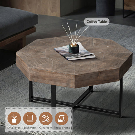 Wooden octagonal retro patchwork craft 30 inch wooden tabletop cross metal leg coffee table (antique brown) - V.I.P Digital Presence