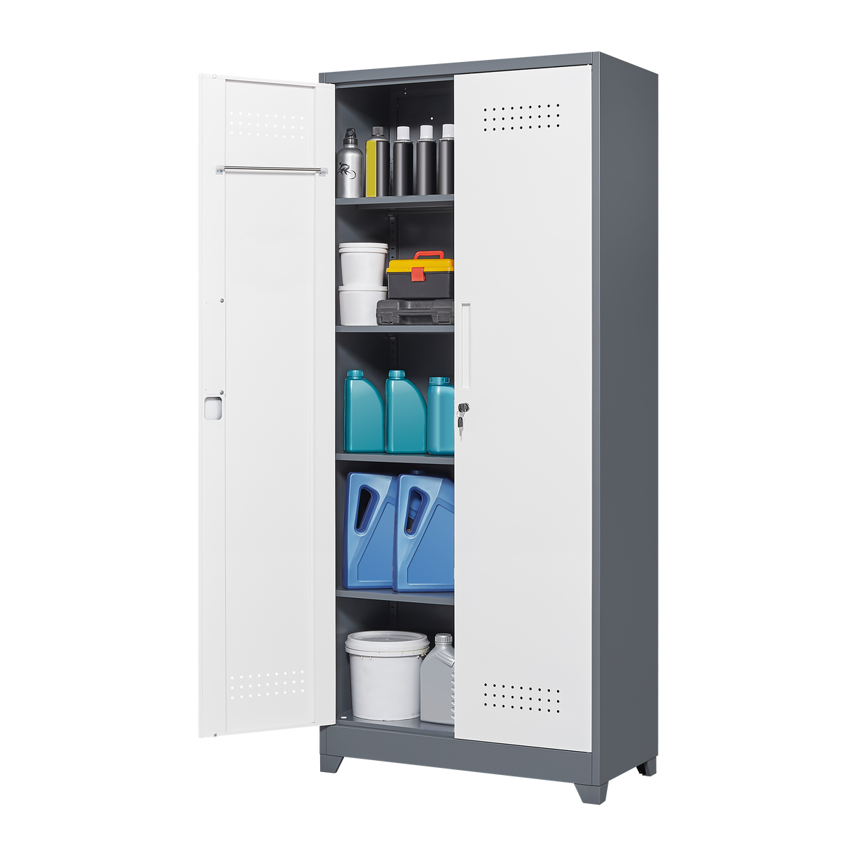 Metal storage cabinets, lockable cleaning tool cabinets, high broom tool organizers, and large storage cabinets in storage store - V.I.P Digital Presence
