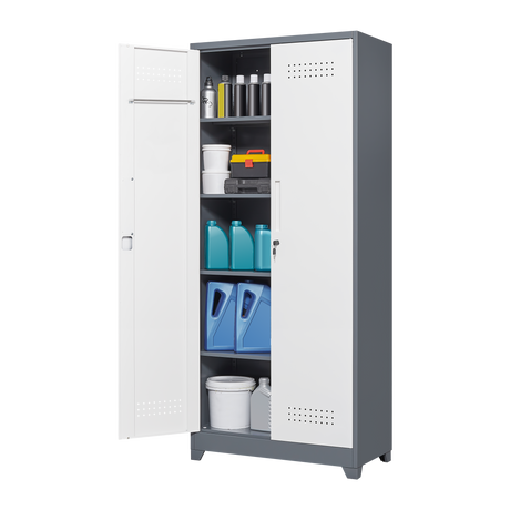 Metal storage cabinets, lockable cleaning tool cabinets, high broom tool organizers, and large storage cabinets in storage store - V.I.P Digital Presence