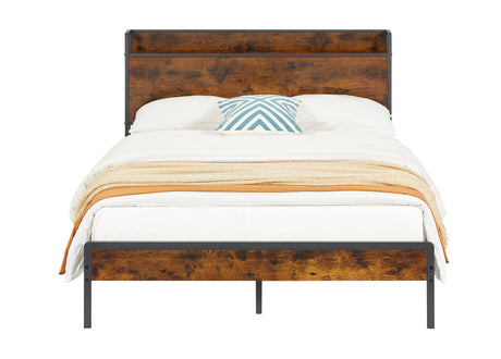 Bed frame with charging station full size, Rustic Brown, 83.1'' L x 56.1'' W x 39'' H - V.I.P Digital Presence