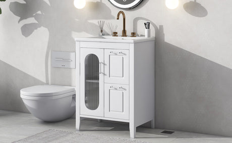 24" Bathroom Vanity with Sink, Bathroom Vanity Cabinet with Two Drawers and Door, Adjustable Shelf, Solid Wood and MDF, White - V.I.P Digital Presence
