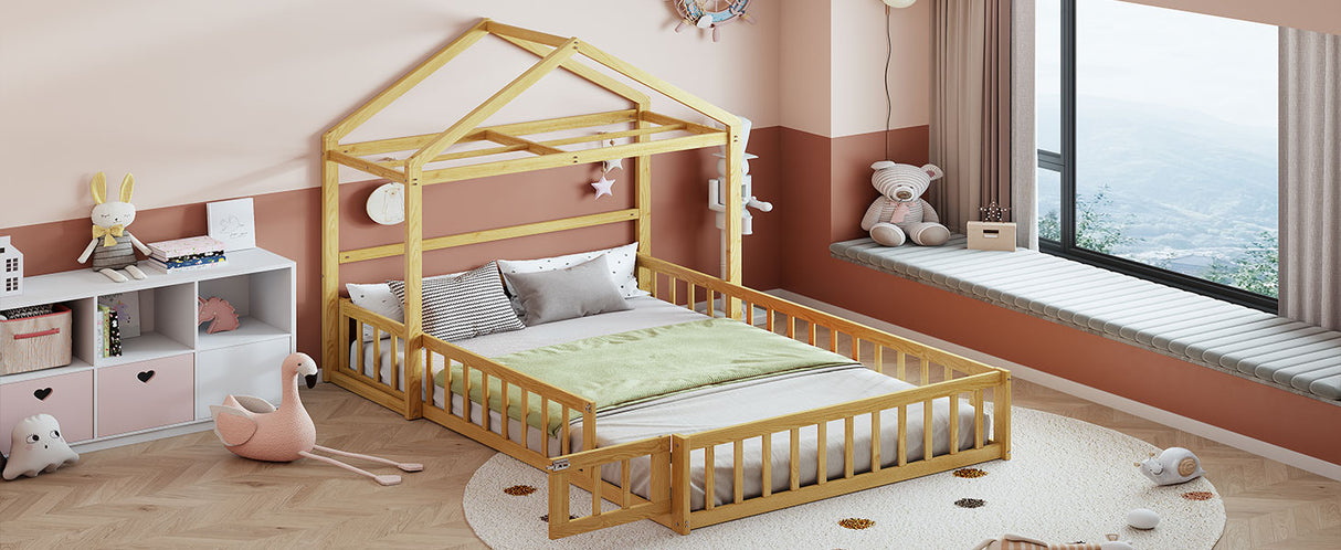 Wooden Full Size Children's Bed with Detachable Headboard and Integrated Clothes Drying Rack, Natural - V.I.P Digital Presence
