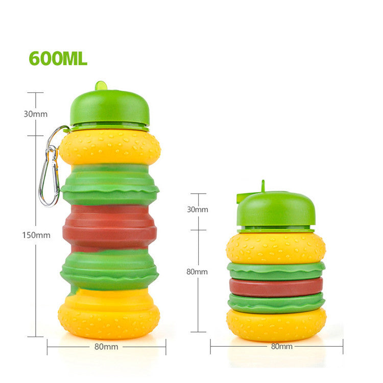 Vaso de agua creativo para niños con forma de hamburguesa, portátil, de silicona, anticaídas y a prueba de fugas, telescópico y plegable, para deportes al aire libre.