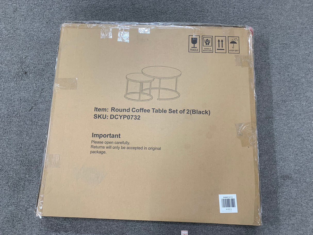 A set of nested coffee tables, 27.6-inch round coffee table, wooden marble patterned tabletop, sturdy metal frame (black) - V.I.P Digital Presence