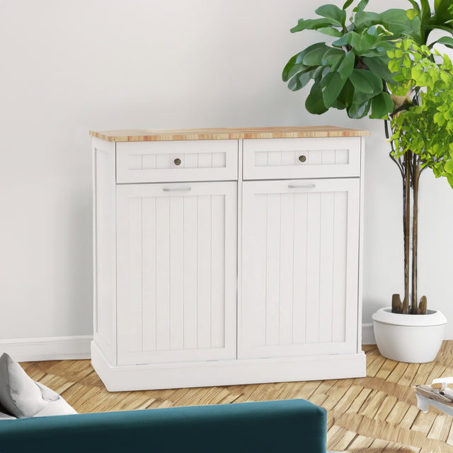 Two Drawers and Two-Compartment Tilt-Out Trash Cabinet Kitchen Trash Cabinet-White - V.I.P Digital Presence