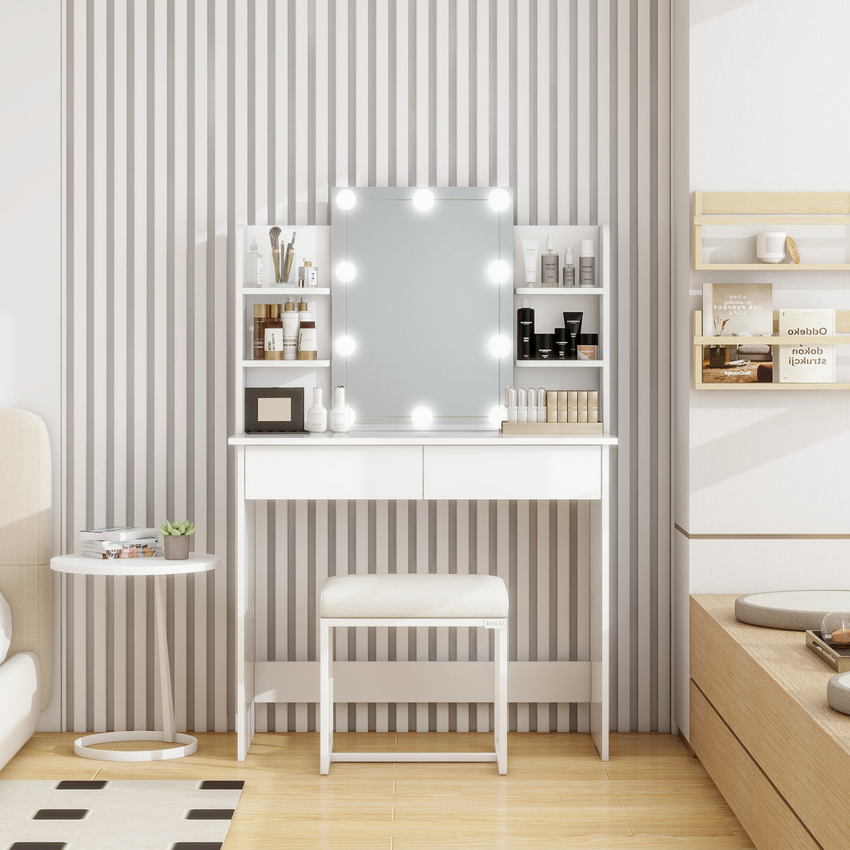 Makeup Vanity Desk With LED Lighted Mirror ,Dressing Table Set With 2 Large Drawers 10 LED Light ,White Color - V.I.P Digital Presence