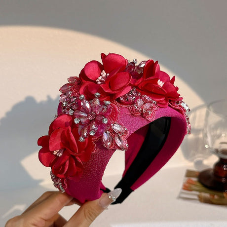 Solid color fabric flower oversized wide edged crystal headband - V.I.P Digital Presence