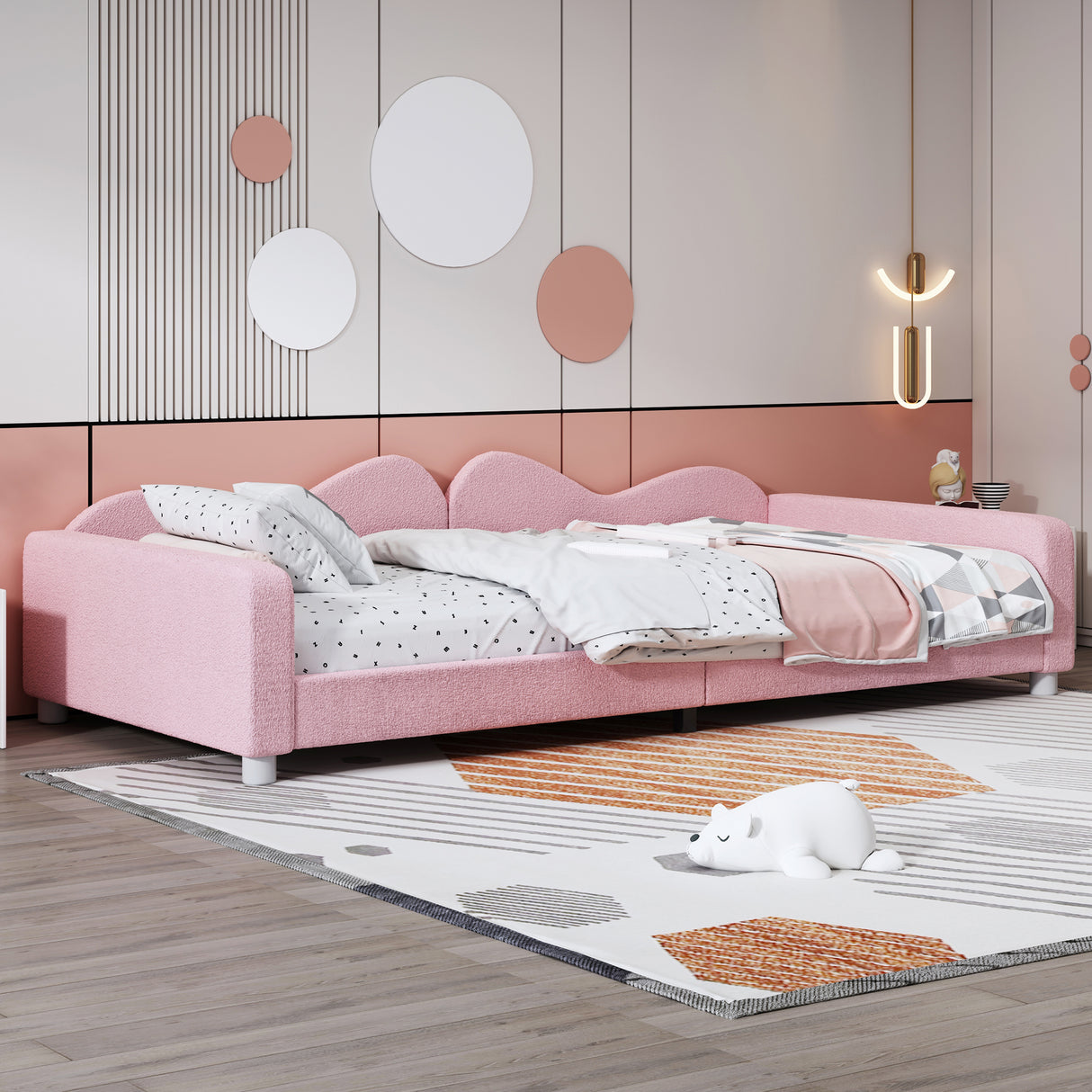 Twin size Upholstered Daybed, Sherpa Fabric Sofabed with Cloud-Shaped Backrest, No Box-spring Needed, Pink - V.I.P Digital Presence