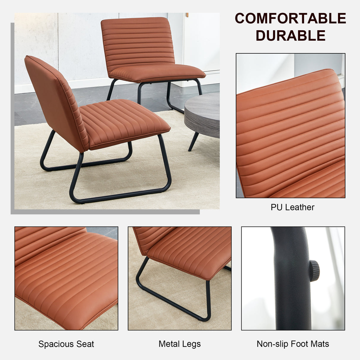 Brown minimalist armless sofa chair with PU backrest and black metal legs