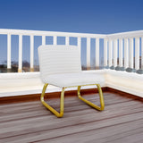 One White minimalist armless sofa chair with plush cushion and backrest paired with golden metal legs