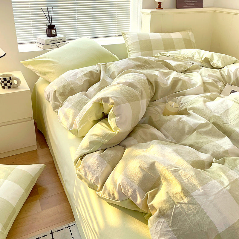 Cotton Dyed Washed Cotton Bedding Set Pure Cotton A Class Flat Sheet Quilt Cover Fitted Sheet Quilt Cover Three-Piece Set Striped