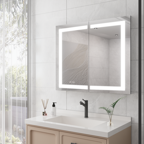 36 x 30 inch Medicine Cabinet with LED Vanity Mirror Anti-Fog  Recessed or Surface Mount Waterproof DimmableAluminum 3000K~6000K Lighted Double Door Bathroom Cabinet with Touch Switch - V.I.P Digital Presence