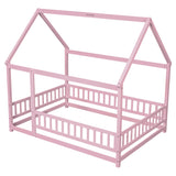 Full Size Floor Wooden Bed with House Roof Frame, Fence Guardrails ,Pink - V.I.P Digital Presence