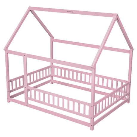 Full Size Floor Wooden Bed with House Roof Frame, Fence Guardrails ,Pink - V.I.P Digital Presence