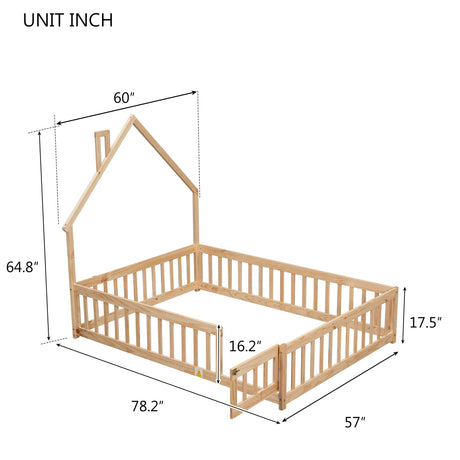 Full House-Shaped Headboard Floor Bed with Fence Natural - V.I.P Digital Presence