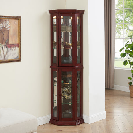 Corner Curio cabinet with lights, adjustable tempered glass frame, display cabinet, cherry color (excluding E26 light bulbs) - V.I.P Digital Presence