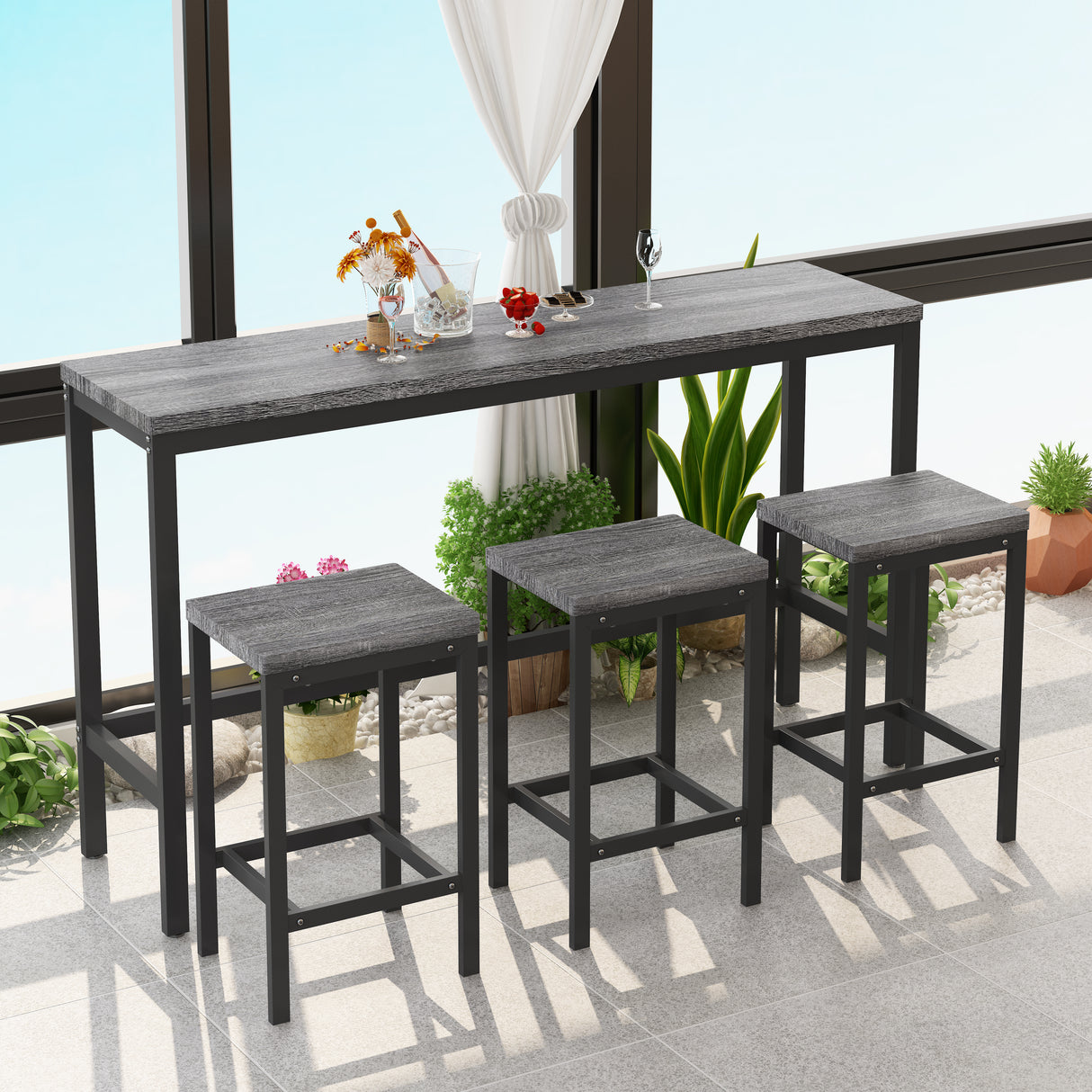 Modern Design Kitchen Dining Table Pub Table Long Dining Table Set with 3 Stools Easy Assembly Gray - V.I.P Digital Presence