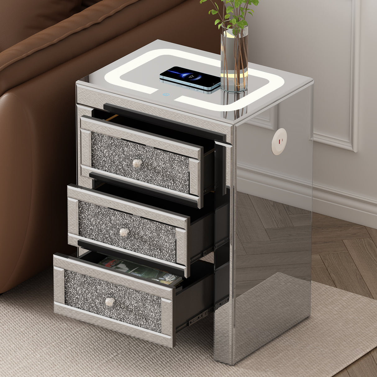 U-Can 15.7 "W silver rectangular mirror coffee table with wireless and USB charging function, LED lights, crystal style handle - V.I.P Digital Presence