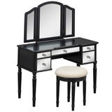 GO 43" Dressing Table Set with Mirrored Drawers and Stool, Tri-fold Mirror, Makeup Vanity Set for Bedroom, Black - V.I.P Digital Presence