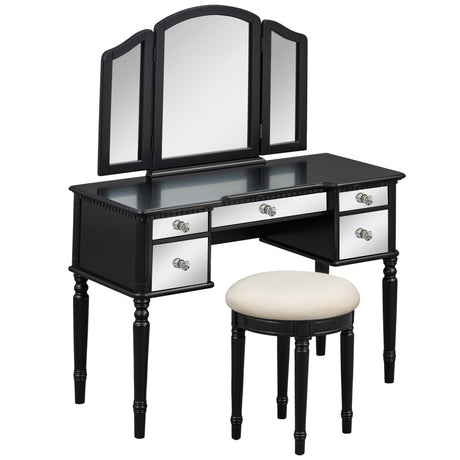 GO 43" Dressing Table Set with Mirrored Drawers and Stool, Tri-fold Mirror, Makeup Vanity Set for Bedroom, Black - V.I.P Digital Presence
