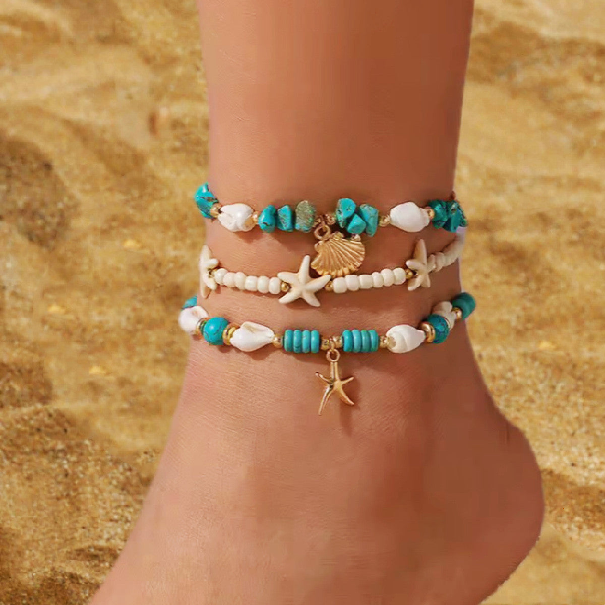 Vacation beach style turquoise set with special dense chain, simple starfish multi-layer rice bead ankle chain - V.I.P Digital Presence