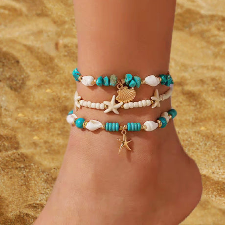 Vacation beach style turquoise set with special dense chain, simple starfish multi-layer rice bead ankle chain - V.I.P Digital Presence