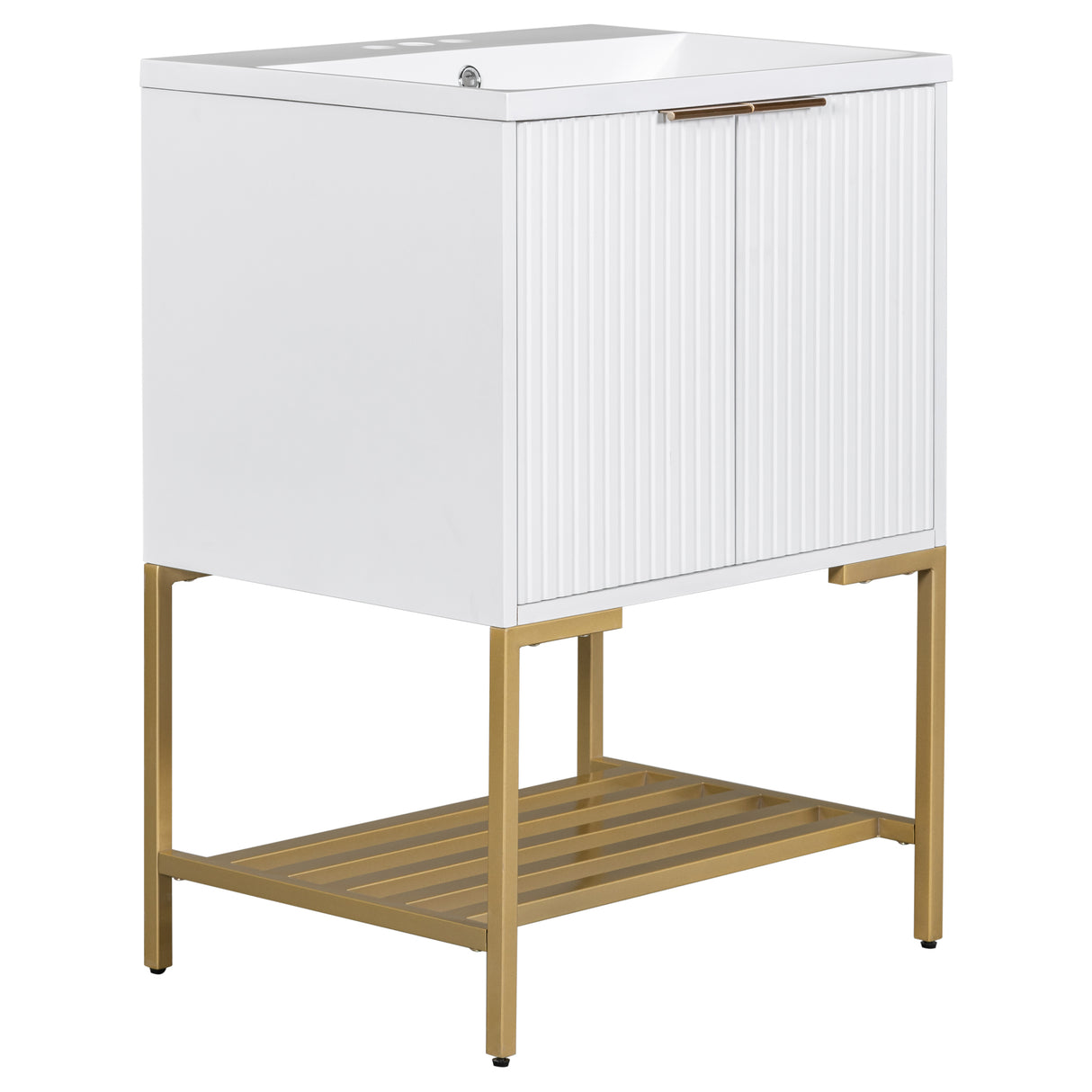24" Bathroom Vanity with Sink, Bathroom Vanity Cabinet with Two Doors and Gold Metal Frame, Open Storage Shelf, White - V.I.P Digital Presence